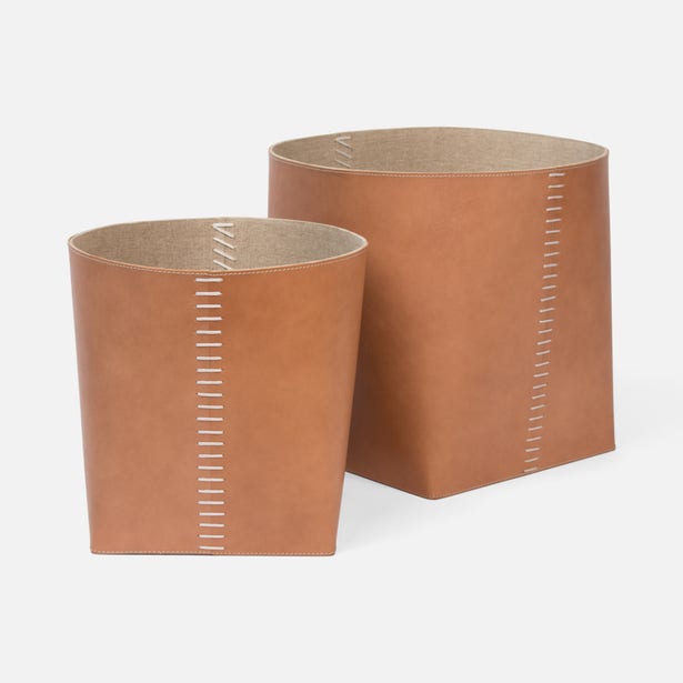 Two Pigeon & Poodle Salo baskets in tan leather with white saddle stitching detail.