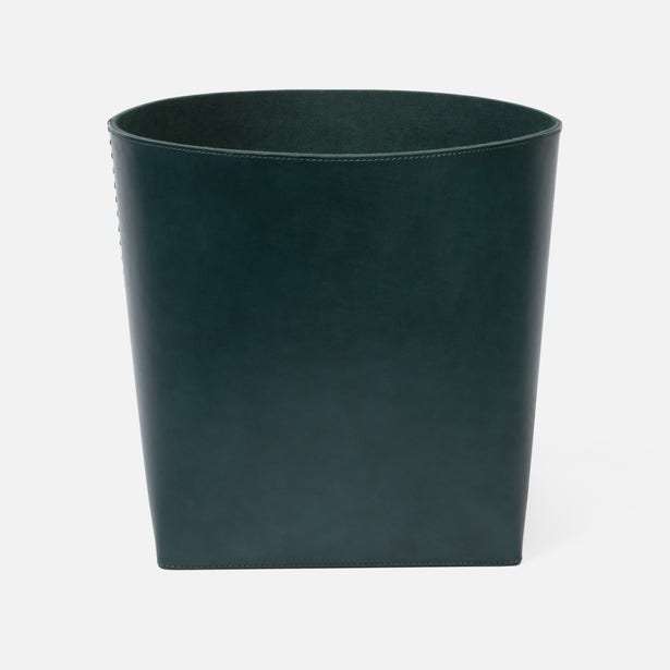 Forest green leather Salo basket, tapered rectangular form with stitched side detail.