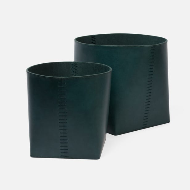 Two Pigeon & Poodle Salo baskets in deep teal leather with stitched seam detail.
