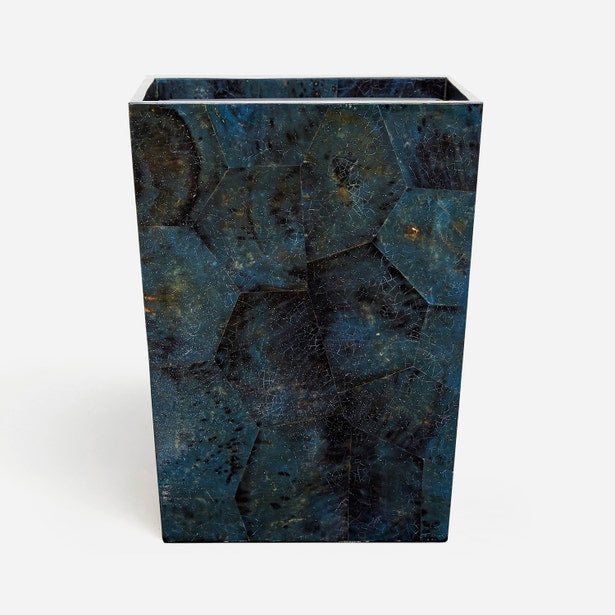 Pigeon & Poodle Santorini wastebasket in deep blue hexagonal stone mosaic pattern.