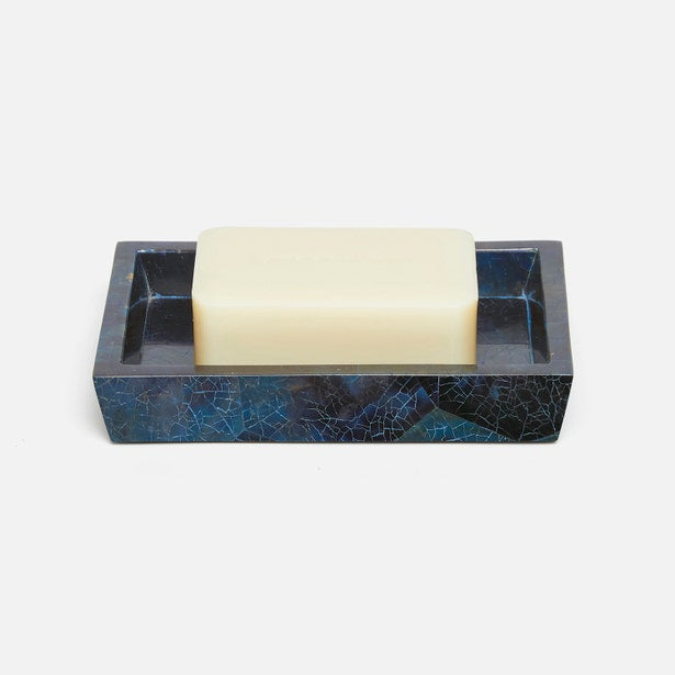 Pigeon & Poodle Santorini soap dish in blue crackle lacquer with ivory bar soap.