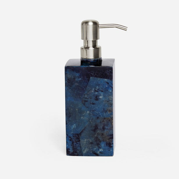 Pigeon & Poodle Santorini soap pump in cobalt blue resin with brushed nickel dispenser.