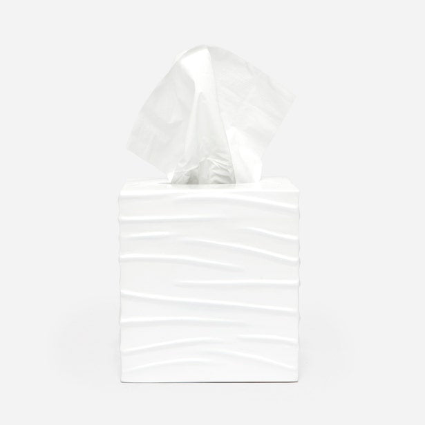 Pigeon & Poodle Solin white tissue box with wave-textured surface, tissue pulled through top.