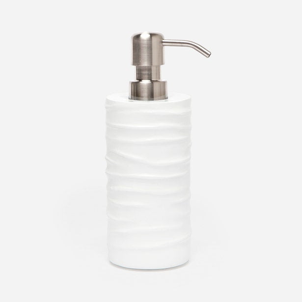 Pigeon & Poodle Solin soap pump in white with ribbed texture and brushed nickel dispenser.