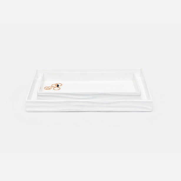 Pigeon & Poodle Solin nesting tray set in white with subtle wave texture and gold motif.