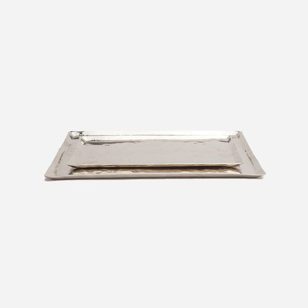 Pigeon & Poodle Stanford hammered silver rectangular nesting tray set, two stacked trays.