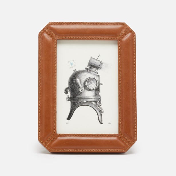 Pigeon & Poodle Stanley frame in tan leather with vintage diving helmet illustration.