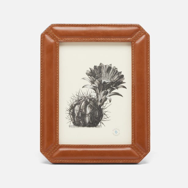 Pigeon & Poodle Stanley frame in tan leather with stitched trim, displaying botanical print.