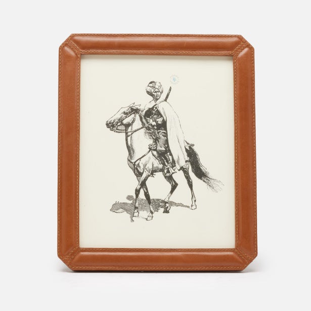 Pigeon & Poodle Stanley frame in tan leather with equestrian sketch print, octagonal corners.