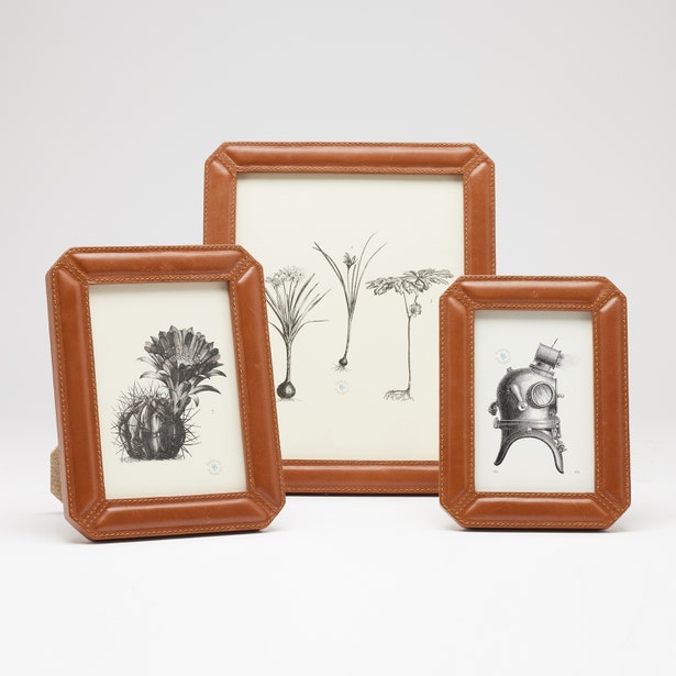 Three Pigeon & Poodle Stanley frames in tan leather, octagonal corners, assorted sizes.