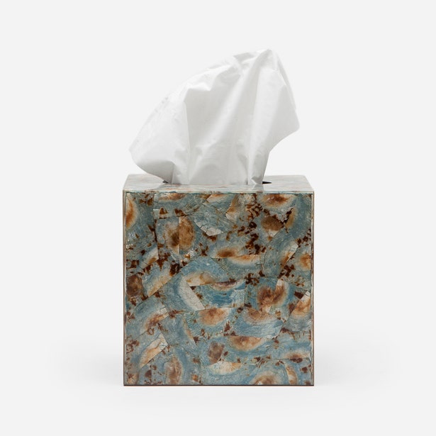 Pigeon & Poodle Sitges tissue box in blue and amber marbled stone finish.