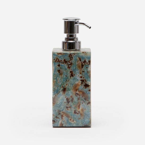 Pigeon & Poodle Sitges soap pump in blue-green marbled stone with chrome pump top.