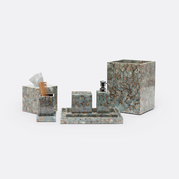 Pigeon & Poodle Sitges bath set in blue-grey capiz shell, five-piece grouping styled together.