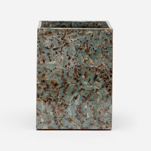 Pigeon & Poodle Sitges wastebasket in teal and brown mosaic shell pattern.