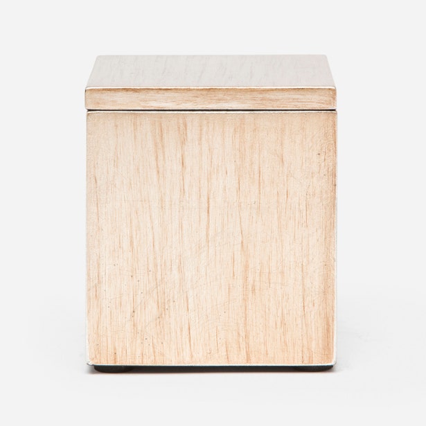 Pigeon & Poodle Tanlay bath canister in light wood grain finish with fitted lid.
