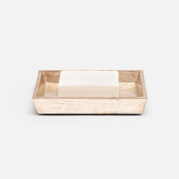 Pigeon & Poodle Tanlay soap dish in bleached wood finish holding a white bar soap.