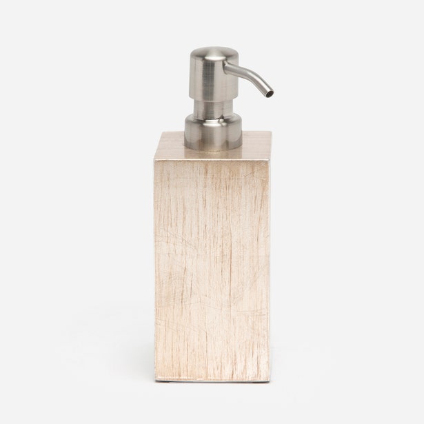 Pigeon & Poodle Tanlay soap pump in whitewashed wood with brushed nickel pump top.