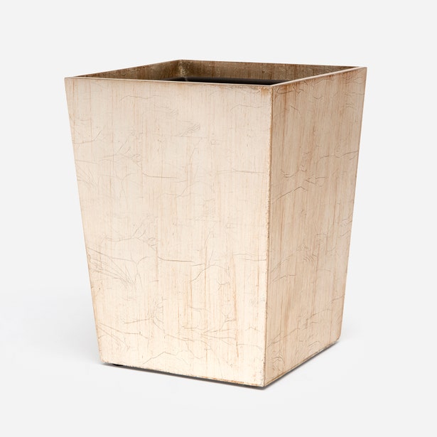 Pigeon & Poodle Tanlay wastebasket in ivory crackle lacquer finish, tapered square form.