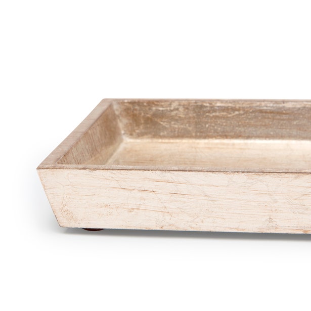 Close-up of Pigeon & Poodle Tanlay soap dish corner, whitewashed wood grain texture.