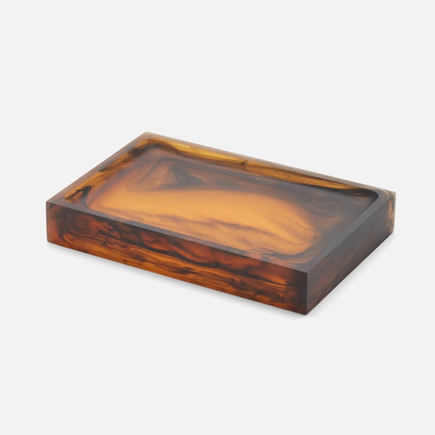 Pigeon & Poodle Tavira soap dish in tortoiseshell resin with amber and brown swirl pattern.