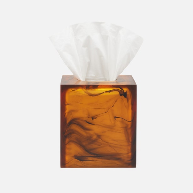 Pigeon & Poodle Tavira tissue box in amber marbled resin with white tissues.