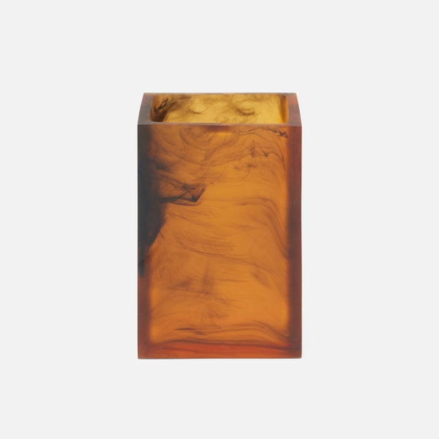 Pigeon & Poodle Tavira brush holder in amber marbled resin, rectangular form.