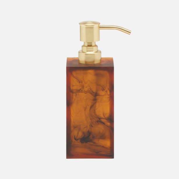 Pigeon & Poodle Tavira soap pump in tortoiseshell resin with brass pump dispenser.