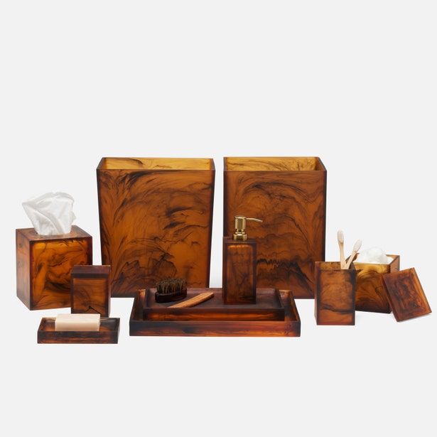Pigeon & Poodle Tavira bath accessories set in amber tortoise resin, full collection styled.