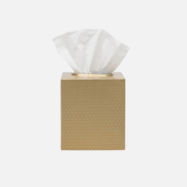 Pigeon & Poodle Temara tissue box in gold with embossed honeycomb texture, tissue extending from top.