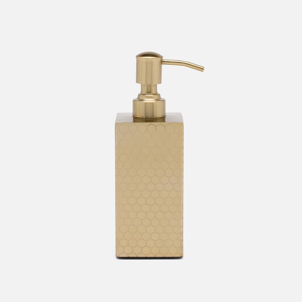 Pigeon & Poodle Temara soap pump in gold with honeycomb texture and brass pump head.
