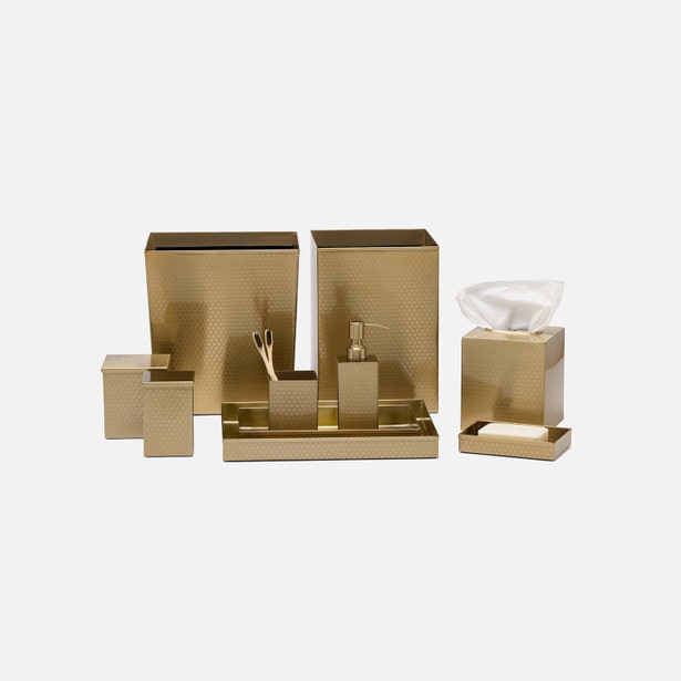 Gold textured Pigeon & Poodle Temara brush holder shown with full bathroom accessory set.
