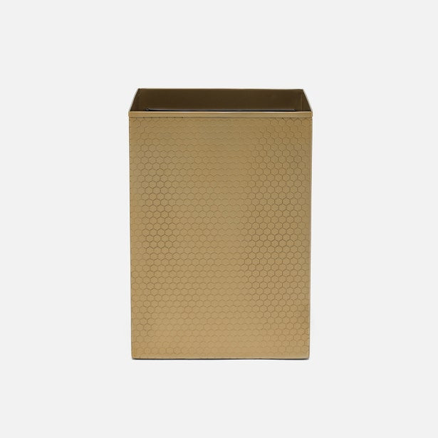 Pigeon & Poodle Temara wastebasket in brushed gold with embossed honeycomb texture.