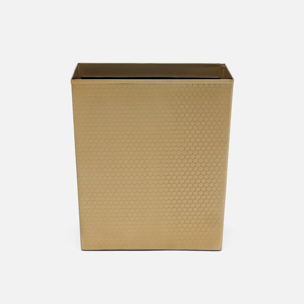 Close-up of Pigeon & Poodle Temara wastebasket in brushed gold with honeycomb texture.