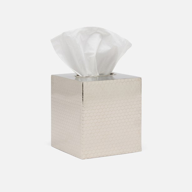 Pigeon & Poodle Temara tissue box in polished nickel with honeycomb texture, angled view.