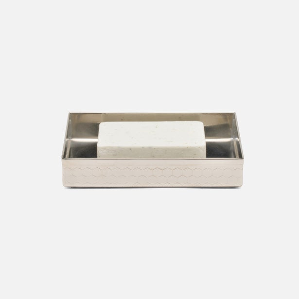 Pigeon & Poodle Temara soap dish in nickel with white soap bar, geometric embossed trim detail.