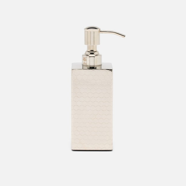 Close-up of Pigeon & Poodle Temara soap pump in ivory with polished nickel hardware.