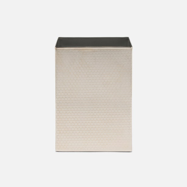 Pigeon & Poodle Temara wastebasket in champagne, honeycomb embossed metal, front view.