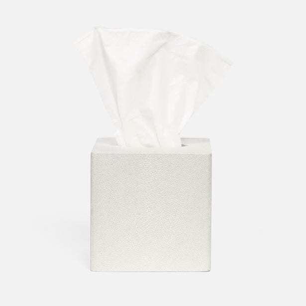 Pigeon & Poodle Tenby tissue box in white with shagreen texture and tissue pulled through top.
