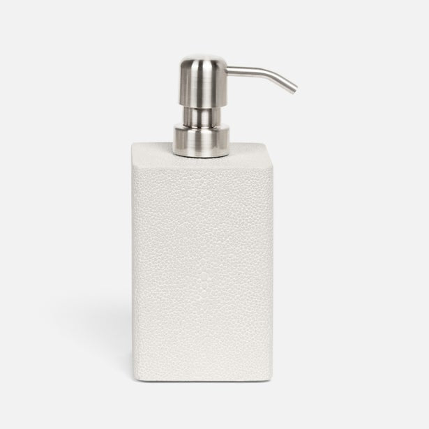 Pigeon & Poodle Tenby soap pump in ivory shagreen texture with brushed nickel pump head.