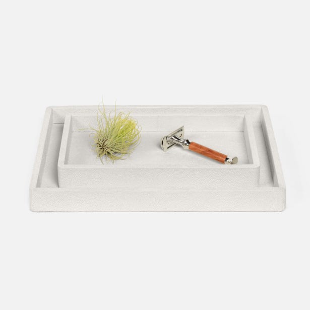 Pigeon & Poodle Tenby nesting tray set in ivory shagreen, styled with air plant and razor.