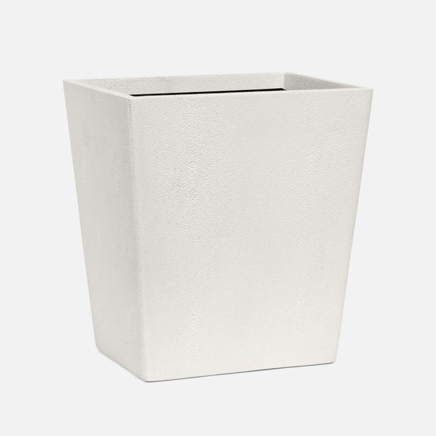 Pigeon & Poodle Tenby wastebasket in white faux shagreen, tapered square form, side angle view.