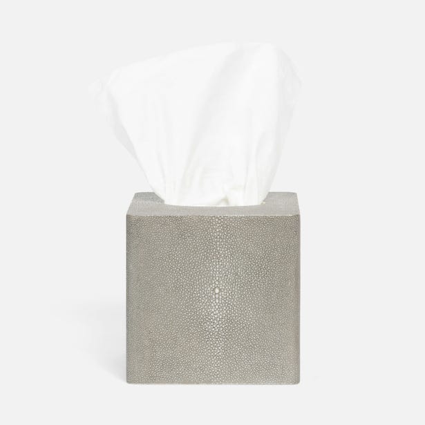 Pigeon & Poodle Tenby tissue box in grey faux shagreen, square format, tissue extended.