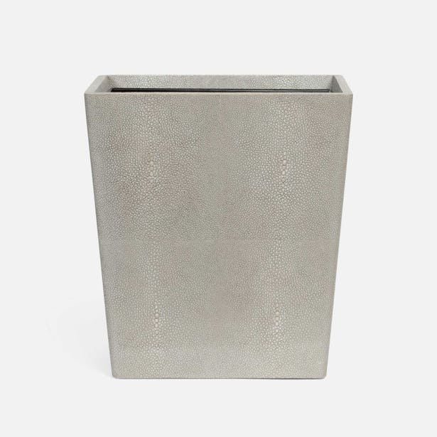Pigeon & Poodle Tenby wastebasket in taupe shagreen texture, angled front view.