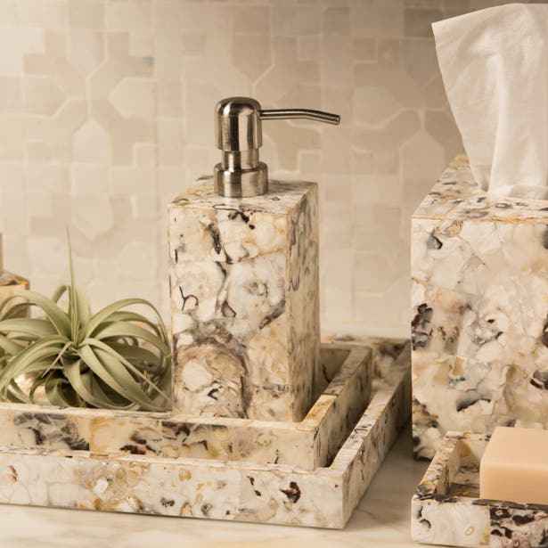 Pigeon & Poodle Tramore collection styled in bathroom with soap pump and tissue box.