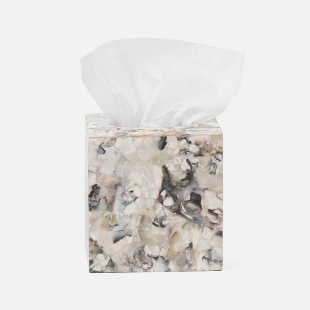 Pigeon & Poodle Tramore tissue box in marbled natural shell mosaic finish with white tissue.