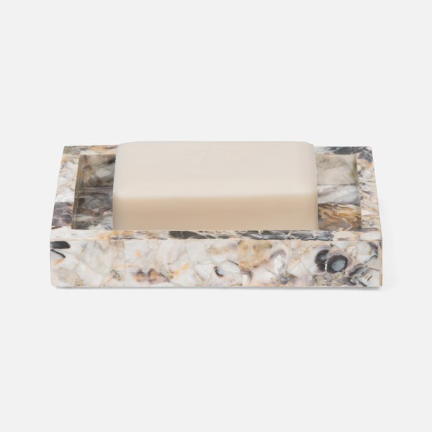 Pigeon & Poodle Tramore soap dish in multicolor marble with cream bar soap.