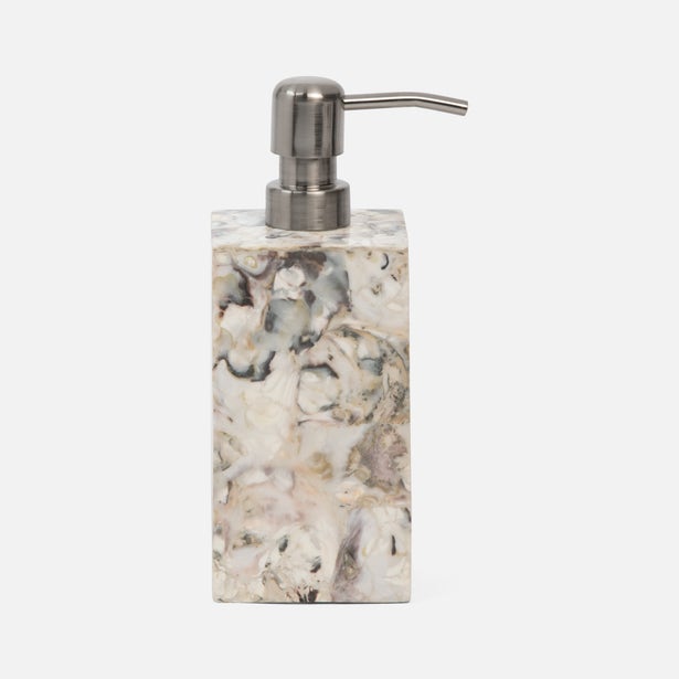 Pigeon & Poodle Tramore soap pump in marbled ivory stone with brushed nickel top.
