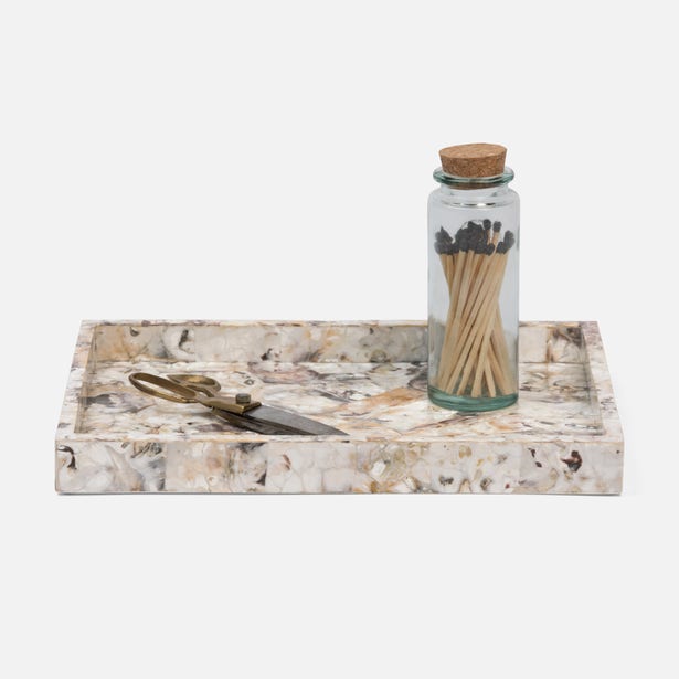 Close-up of Pigeon & Poodle Tramore tray in mosaic shell finish, styled with matches jar and scissors.