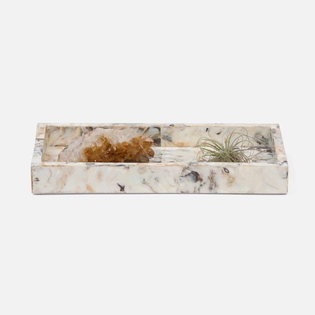 Pigeon & Poodle Tramore tray in white agate stone with amber crystal and air plant styling.