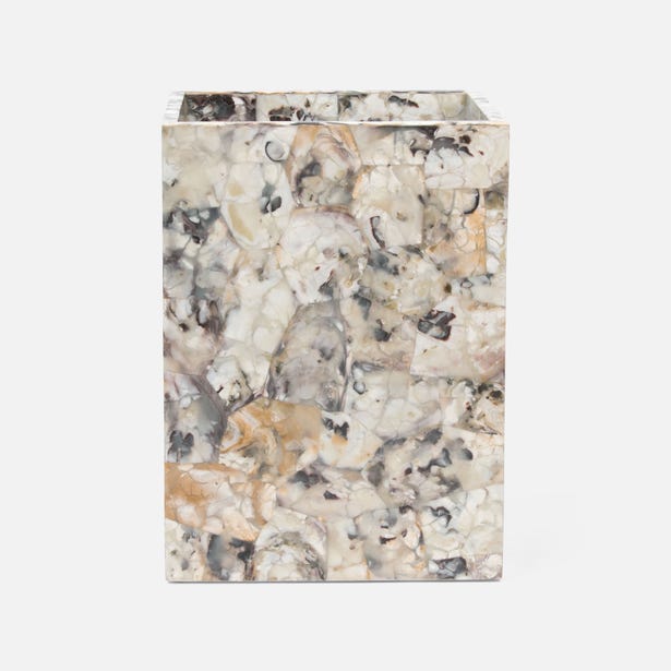 Pigeon & Poodle Tramore wastebasket in marbled natural stone with grey and amber tones.